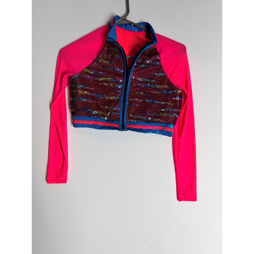 Neon Coral Sequin Mesh Dance Crop Top Kids Large RC25790 Long Sleeve Jazz Cheer